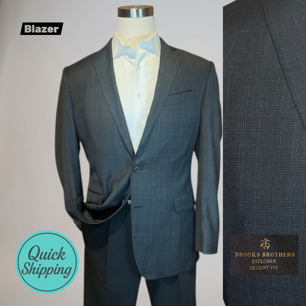 Brooks Brothers Explorer Regent 40R Steel Blue Glen Plaid Blazer Stretch